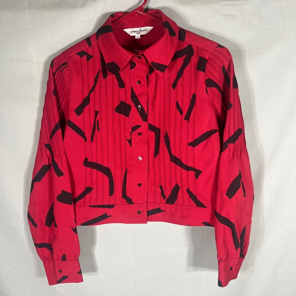 Pepa Loves Blouse Abstract Pintuck Cropped Red Womens XS